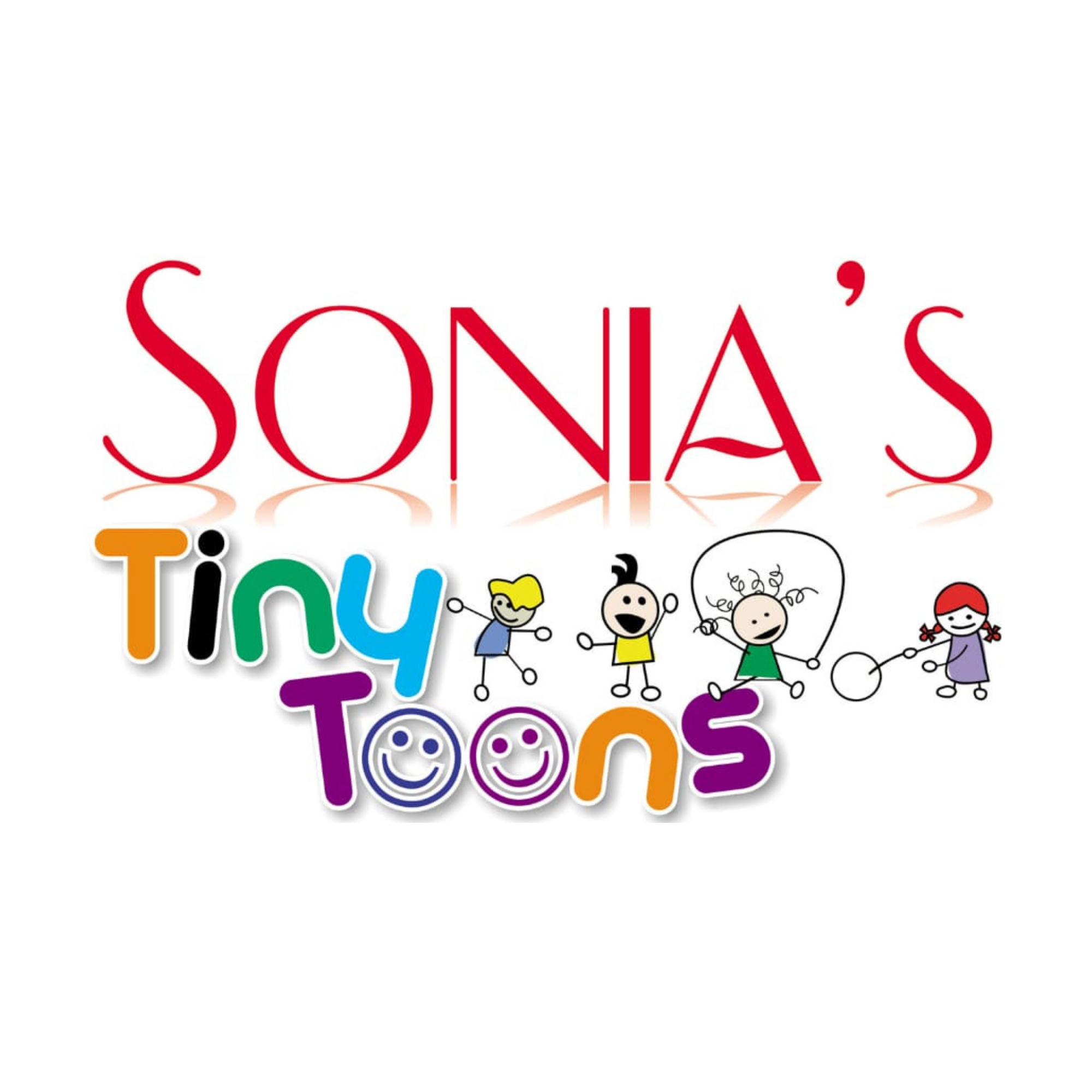 Sonia’s Tiny Toons logo with colourful letters and playful stick-figure children